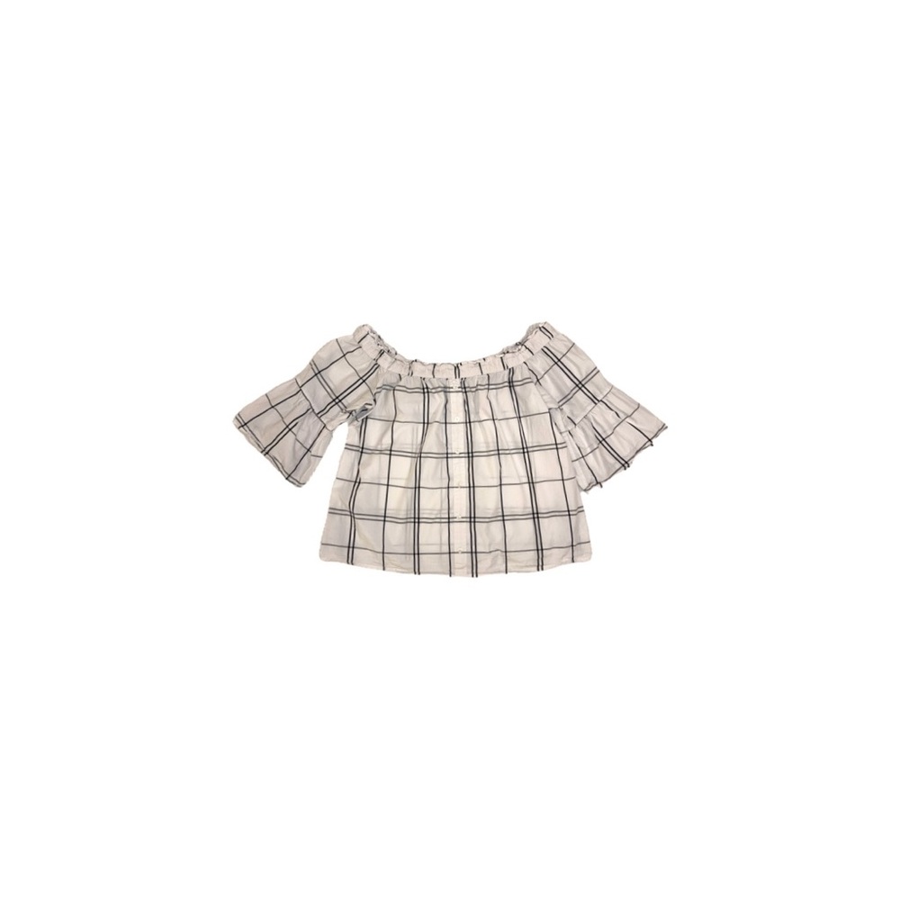 Abercrombie & Fitch Off Shoulder Windowpane Plaid Blouse White Navy - Size Small